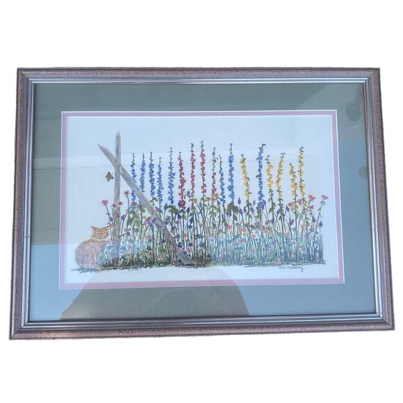 Unbranded Other - Vintage wild flowers and cat Art Print framed picture signed by Chris Mahoney